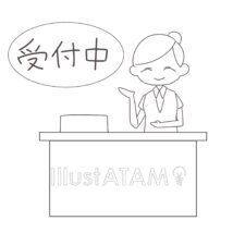 受付中,シンプル,モノクロ,会社員,受付,吹き出し,女性,接客,白黒,笑顔,線画のイラスト素材