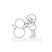 子供の冬休み,モノクロ,冬,冬休み,子供,笑顔,線画,雪だるまのイラスト素材